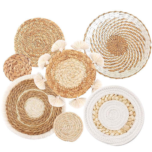 7PCS Boho Wall Baskets Set,Seagrass Rattan Wicker Basket Boho Wall Decor Boho Room Decor,Round Handmade Hanging Wall Basket Decor Wall Art for Living Room Bedroom Display Table Kitchen Home Farmhouse