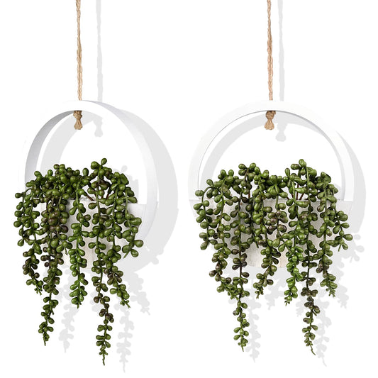 2PCS 12.2" Fake Hanging Plant, Succulent Wall Decor, Fake Plants Decor, String of Pearls in Pot with 8.3" Lanyard for House Indoor Outdoor Bedroom Wall Decor Aesthetic(White)