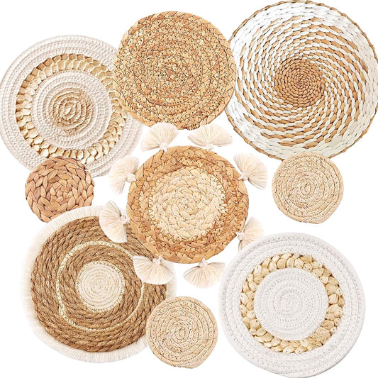 9PCS Boho Wall Baskets Set,Seagrass Rattan Wicker Basket Boho Wall Decor Boho Room Decor,Round Handmade Hanging Wall Basket Decor Wall Art for Farmhouse Living Room Bedroom Display Table Kitchen Home