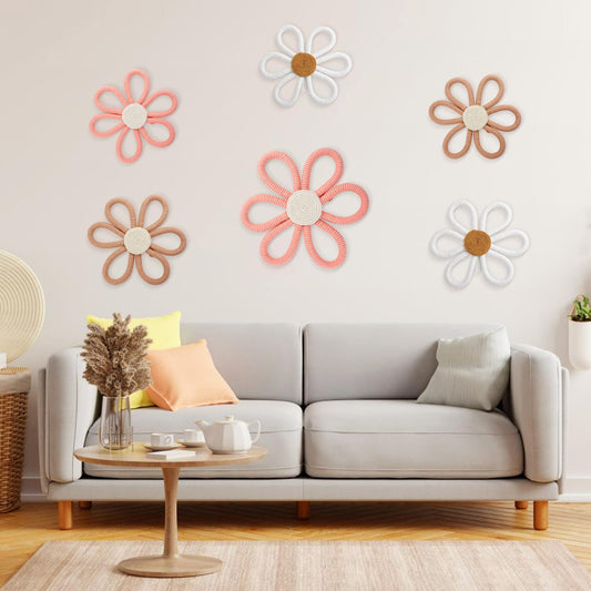 6 Pcs Boho Nursery Decor, Daisy Flower Woven Macrame Wall Hanging 3 Size Pink Decor Flower Wall Decor Boho Wall Decor for Girl Nursery Bedroom Room Dorm Wall Art (Pink+Brown+White)